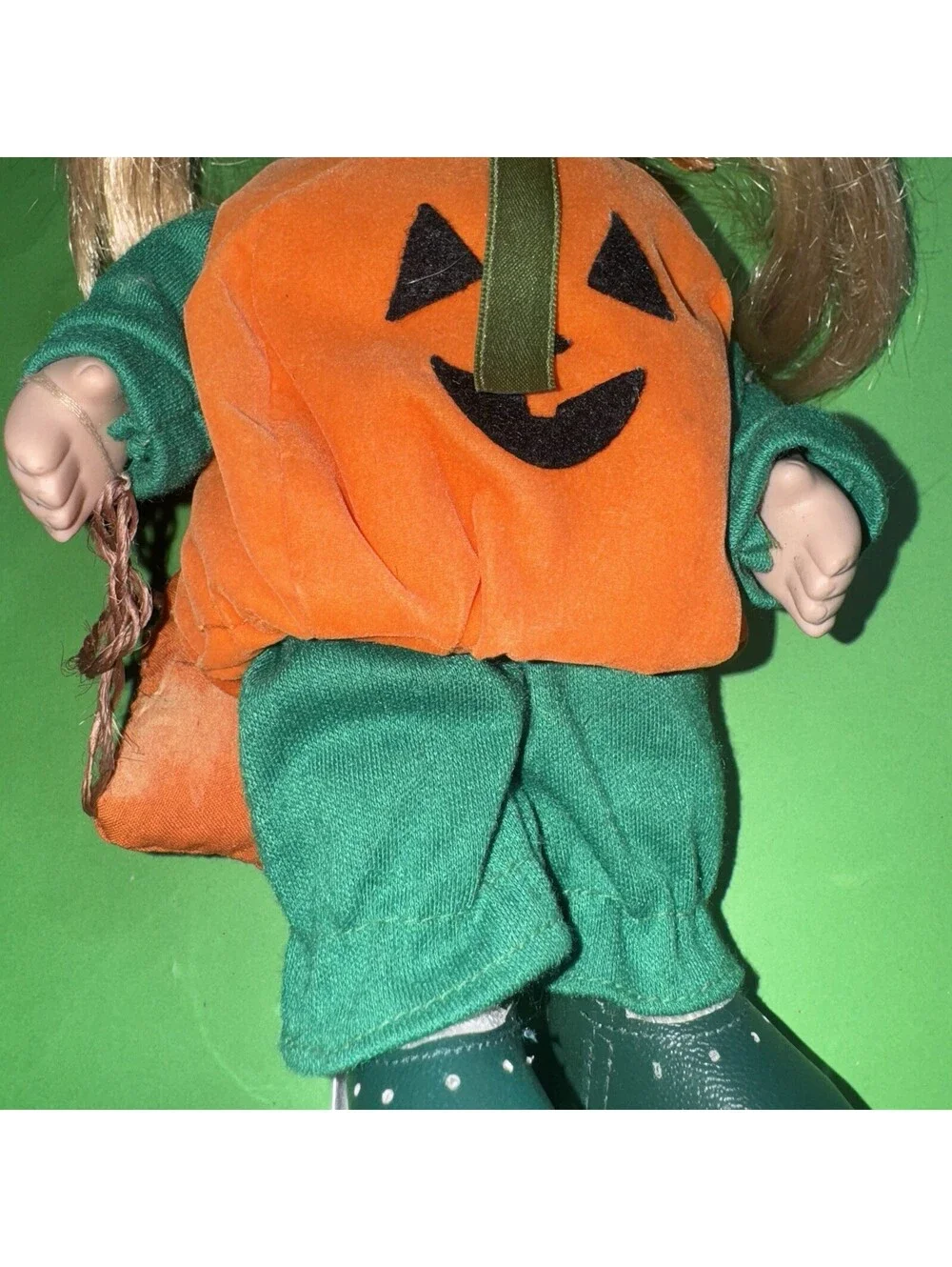 Vintage Blonde Porcelain Doll Pumpkin Costume Halloween Trick or Treat 9”